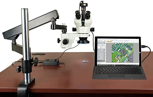 Omax 35X-90X zoom digital brazo articulado microscopio estéreo trinocular con cámara USB de 9.0 MP y aro de luz de 144 LED con caja de control de luz