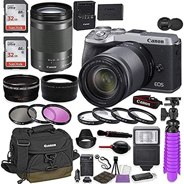 Canon EOS M6 Mark II cámara digital mirrorless (Silver) kit con Canon EF-M 18-150mm IS STM lente + Canon 100EG estuche + 64GB memoria + filtros HD + lentes auxiliares + kit profesional Canon M6 Mark II