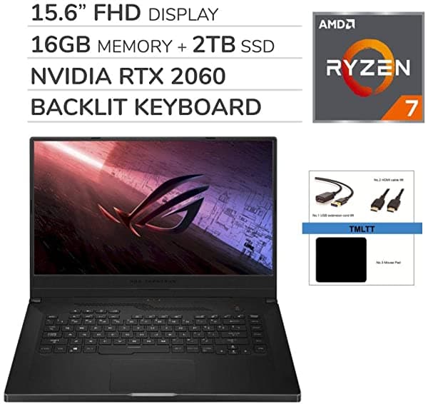 Asus ROG Zephyrus 15.6'' FHD notebook 8-Core AMD Ryzen 7 4800HS 2.9GHz 16GB RAM 2TB SSD RTX 2060 sin DVD teclado retroiluminado Wi-Fi Bluetooth webcam HDMI Win 10 Pro accesorios de regalo