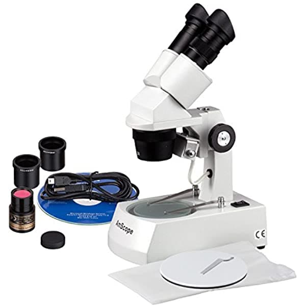 AmScope SE306-A-E Microscopio Estéreo Binocular Digital, Oculares WF10x, Aumentos de 20X y 40X, Objetivos de 2X y 4X, Iluminación Halógena Superior e Inferior, Plato de Escenario Reversible Blanco/Negro, Soporte de Brazo, 120V, Incluye Cámara de 0.3MP y Software