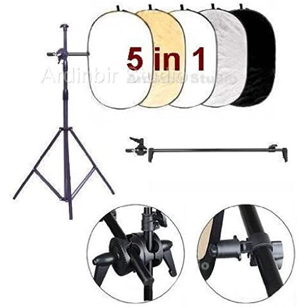 Ardinbir Fotografía De Estudio 43" X 66" Oval 5 En 1 Reflector Kit (Plata Oro Negro Blanco Y Translúcido) Con Brazo Cabeza Y Grip Soporte De Luz