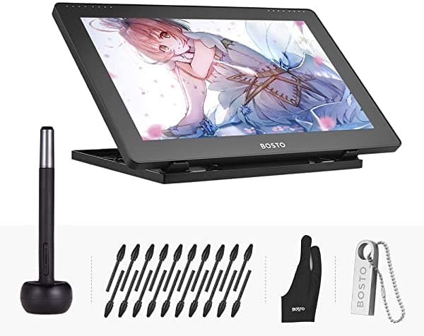 Aibecy Bosto 16HD 15.6 Pulgadas IPS Tableta Gráfica de Dibujo Monitor Display 1920x1080 de Alta Resolución 8192 Niveles de Presión con Lápiz Capacitivo Recargable / 20 Piezas de Puntas de Lápiz (Necesita Conectarse a una Computadora)