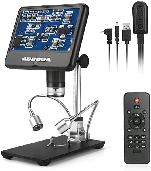KKmoon Microscopio Digital de 7 Pulgadas LCD Pantalla Grande AD207 1080P 100X Ampliación HD Video Grabación Captura de Imagen Control Remoto 8 LED Luz Ajustable Cámara Grabadora de Video