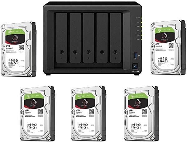 Synology Diskstation Ds1019+ - Caja Nas De 5 Bahías (35"/25" Sata Drive Bays Raid 0/1/5/6/10/Basic/Hybrid/Jbod Sin Disco Con 5 Unidades De Disco Duro Interno Seagate Ironwolf Nas De 6 Tb De 35")