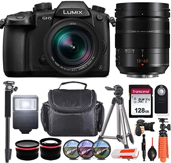 Panasonic Lumix DC-GH5 Cámara Digital Mirrorless Micro 4 Thirds con Lente Leica DG 12-60mm F2.8 Modelo USA Incl. Memoria Transcend 128GB Flash Esclavo Trípodes Control Remoto y Más