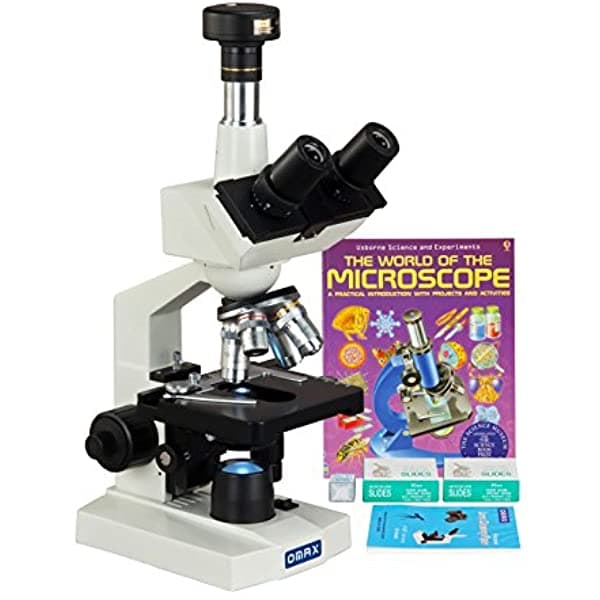 Omax 40 - 2500X 3 MP Cámara Digital LED Microscopio Trinocular Lab + Portaobjetos en Blanco + Fundas + Papel para Lentes + Libro M83EZ-SCP-WM-C30U