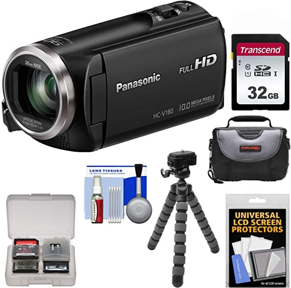 Panasonic Hc-V180 Hd Cámara De Vídeo Videocámara Con Tarjeta De 32 Gb + Case + Flex Trípode + Kit K-91516-01