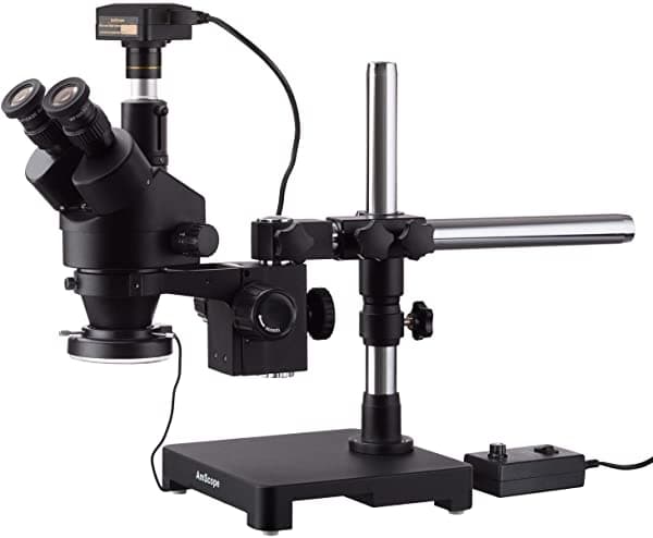AmScope 7X-90X Microscopio Estéreo Trinocular Zoom Negro en Soporte con Brazo Simple + Anillo de Luz LED de 144 con Cámara USB3.0 de 10MP