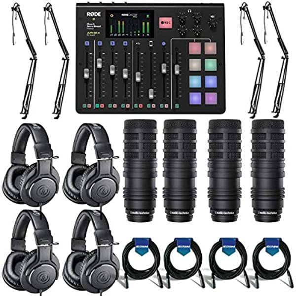 Rode Micrófonos Rodecaster Pro Consola De Producción De Podcast Integrada - Paquete Con 4 Micrófonos De Diafragma Grande At Bp40 4 Brazos De Boom Mbs5000 En Escena Con Cable Xlr 4 Auriculares Ath-M20X Pro Monitor Cable De 20 Pies