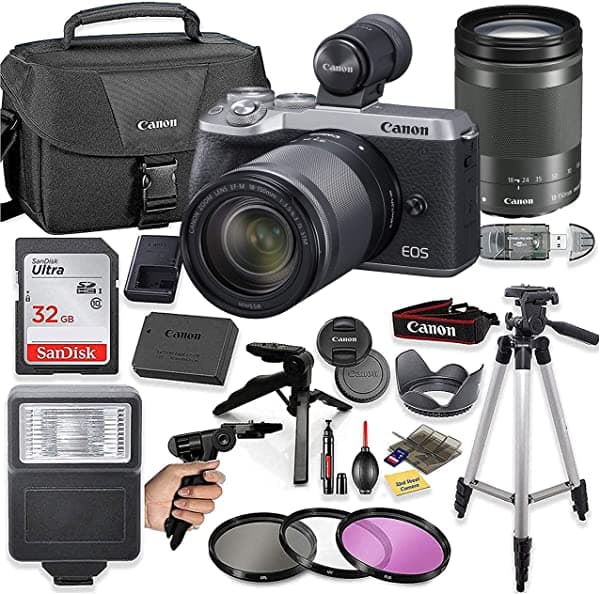 33rd Street Canon EOS M6 Mark II Cámara Digital Mirrorless (Plata) Kit con Lente 18-150mm + Deluxe Bundle Incluye Tarjeta SanDisk 32Gb Estuche Flash Grip Trípode + Trípode 50" y Más.