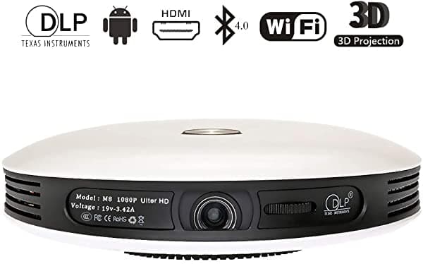 Simbow Hypeteck Smart Projector 1080P 3D 250 ANSI Lumen 2.4G/5G WiFi Inalámbrico Ultra HD DLP 16G Proyector de Video Tarjeta USB Vertical Automático Uso en Casa Oficina Cine Portátil iPhone 12000 mAh