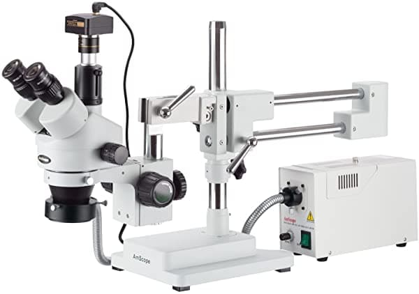 AmScope SM-4TPZ-FOR-5M Microscopio Estereoscópico Digital Profesional Trinocular con Zoom y Control de Enfoque Simultáneo, Oculares WH10x, Aumento de 3.5X-90X, Objetivo Zoom de 0.7X-4.5X, Luz Anular de Fibra Óptica, Soporte de Doble Brazo, 110V-120V, Incluye Lentes Barlow de 0.5X y 2.0X y Cámara de 5MP con Lente de Reducción y Software