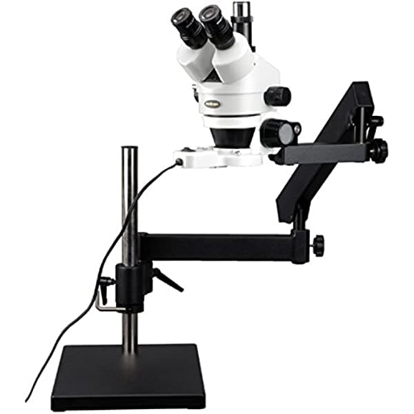 AmScope SM-7TX-FRL Microscopio Estéreo Profesional Trinocular con Zoom, Oculares WH10x, Magnificación 3.5X-45X, Objetivo Zoom 0.7X-4.5X, Luz Anular Fluorescente de 8W, Soporte con Brazo Articulado, 110V-120V, Incluye Lente Barlow de 0.5x