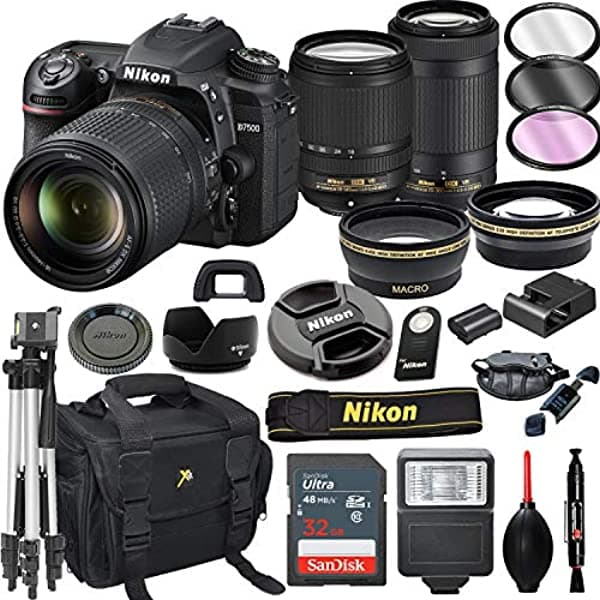 Nikon D7500 - Cámara Réflex Digital Con Lentes Vr De 0.709-5.512 In Y Vr De 2.756-11.811 In + Tarjeta De 32 Gb Trípode Flash Y Más (21 Unidad)