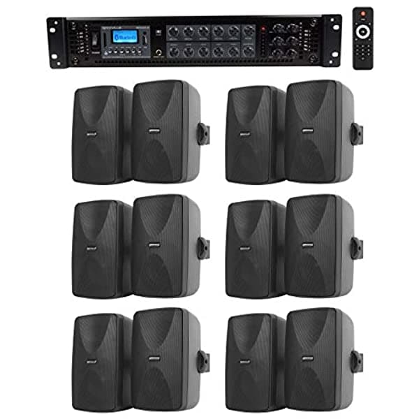 Rockville (12) 5.25" Altavoces Comerciales Negros de 70v para Pared + Amplificador para Restaurante/Oficina/Cafetería/Bar RCS350-6+(12) WET-5B