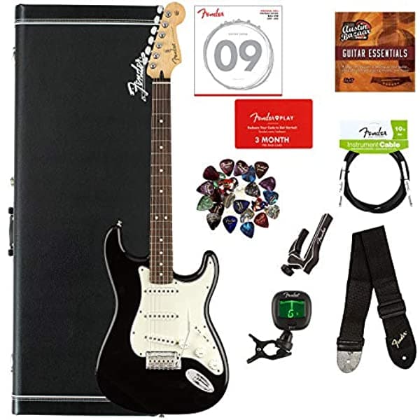 Fender Player Stratocaster Pau Ferro Bundle Con Carcasa Dura Afinador Correa Cable De Instrumento Cuerdas Púas Capo Fender Play Trial Y Austin Bazaar Guitarra Essentials Dvd - Negro 0144503506-COMBO-DLX