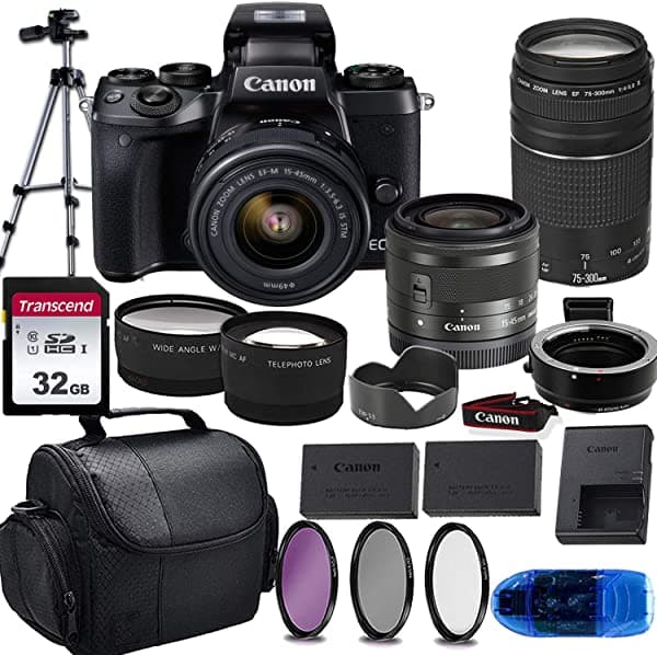 Canon EOS M5 Cámara Digital Sin Espejo + 15-45mm STM + 75-300mm III + Adaptador de Montura EOS M + Tarjeta de Memoria Transcend 32GB + Funda de Hombro y Kit de Accesorios Esenciales