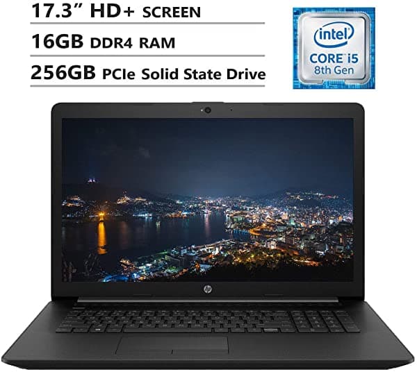 HP Notebook 17.3" HD+ Pantalla. Diagonal de la Pantalla 43.2 cm (17") Procesador Intel Core i5-8265U (Procesador Intel Core i5-8265U de Hasta 3.9 GHz Memoria RAM DDR4 de 16 GB Memoria PCIe de 256 GB Wi-Fi+Bluetooth Combo HDMI USB 3.0 RJ-45 DVD-RW Windows 10) Color Negro
