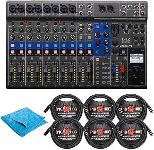 Zoom Livetrak L-12 Live Mezclador/Recorder Bundle Con 6 Xlr Cables Y Gamuza De K & M L12-COMBO-STD