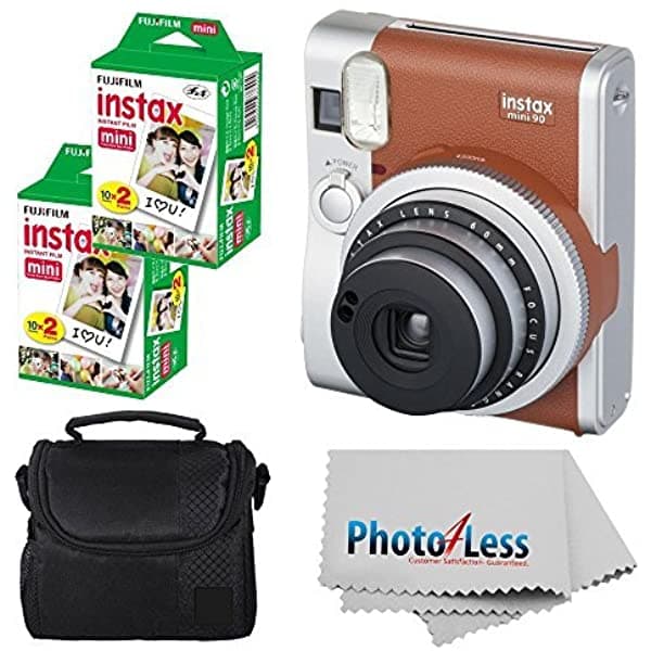 Cámara Instantánea Fujifilm Instax Mini 90 Neo Classic (Marrón) Con 2 X Fujifilm Instax Mini 20 Pack De Película Instantánea (40 Disparos) + Funda Compacta Para Cámara + Paño De Limpieza - Paquete De Cámara Instantánea Fujifilm Black K1