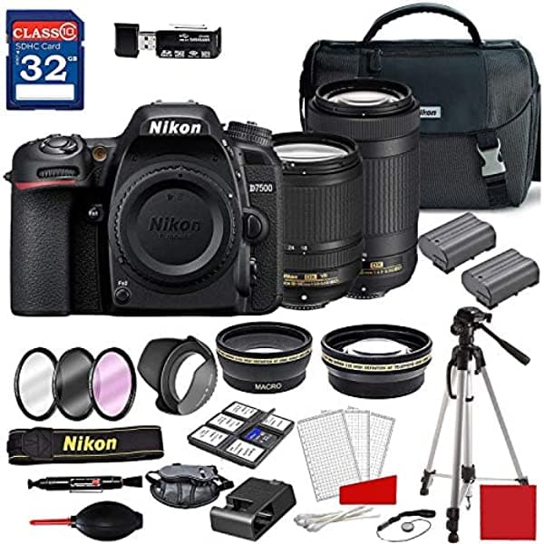 Nikon D7500 - Cámara Réflex Digital Con Objetivo Af-S 0.709-5.512 In Vr Y Lente Ed De 2.756-11.811 In + Kit De Accesorios De Lujo (2 Baterías)