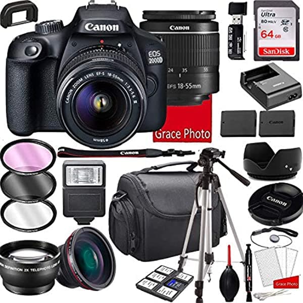 Canon EOS 2000D Cámara DSLR con lente 18-55mm f/3.5-5.6, memoria de 64GB, bolso, trípode y más (28 piezas)