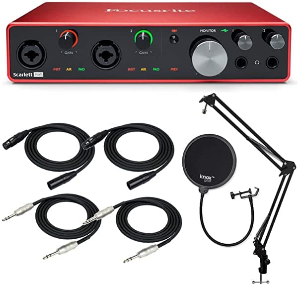 Focusrite 8I6 (3Rd Gen) - Juego De Interfaz De Audio Usb Con Brazo De Botón Y Filtro Pop Cables Xlr (2) Cables Trs De 1/4 Pulgadas (2) (7 Artículos) 8I6-3G