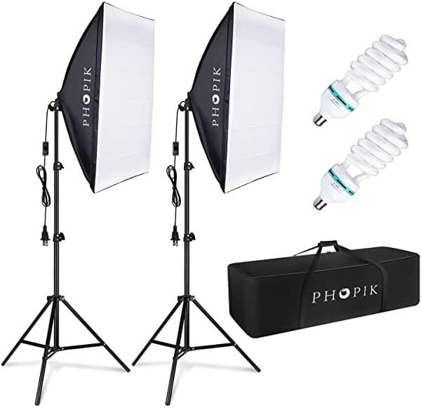 Phopik Softbox Kit De Iluminación De 2 X 20 X 28 Pulgadas Profesional Continuo Estudio Fotográfico Equipo De Estudio Fotográfico Con 2 Bombillas De 85 W 5500 K E27 Para Retratos Y Disparos De Productos PTSB02