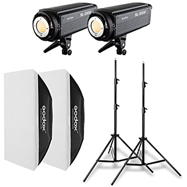 2 X Godox Sl-200 W Sl200 W 200 Ws 5600 K Led Continua De Estudio Fotográfico Luz De Vídeo + 2 X 3.1 Yard Soporte De Luz + 2 X 27.6 X 39.4 Inch Softbox