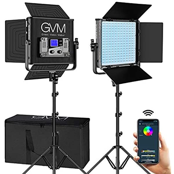 Gvm Rgb Led Kit De Iluminación De Vídeo Con Control De Aplicación 50 W 360 ° A Todo Color Llevó Luces De Vídeo Para Fotografía Con 8 Escenas Aplicables 2 Paquetes De Luces De Panel Led Para Grabación De Vídeo 50RS-2L