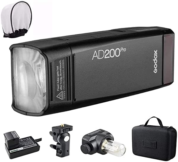 GODOX AD200 Pro AD200Pro, Strobe de 200Ws 2.4G, Sincronización de Alta Velocidad 1/8000 HSS, 500 Disparos a Máxima Potencia, Reciclaje de 0.01-1.8s, Batería de 2900mAh, Cabeza de Flash de Bombilla Descubierta/Speedlite Fresnel, Ligero y Compacto