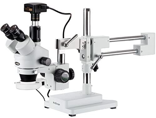 AmScope SM-4TZZ-144S-3M 35X-180X microscopio trinocular estéreo con anillo de luz 144-LED y cámara de 3 MP
