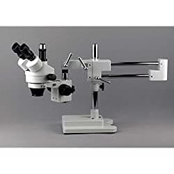 Microscopio profesional trinocular con zoom con control de enfoque oculares WH10X simultánea estéreo zoom de aumento 35X-90X lente 0.7X-4.5X iluminación ambiental soporte de doble brazo incluye lente Barlow 0.5X y 2.0X AmScope SM-4TPZ