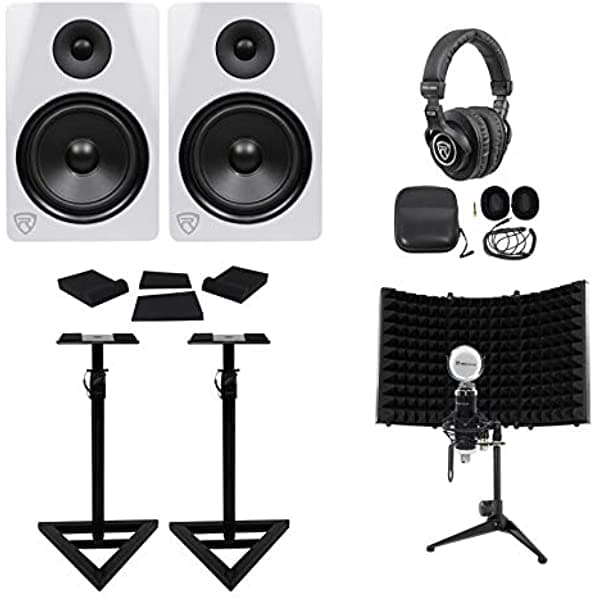 Par Rockville Dpm8W 8 600 Watt Studio Monitors+Stands+Auriculares+Mic+Shield (2) DPM8W+RVSM1+RRS190S PACK+RMF1
