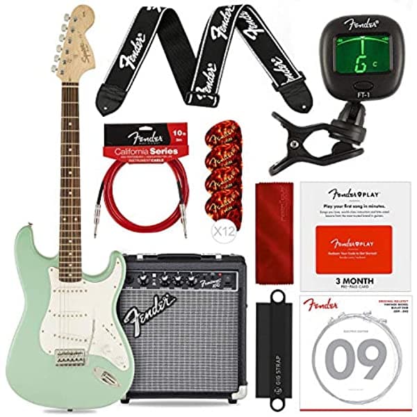 PS Squier by Fender Affinity Stratocaster Guitarra Eléctrica para Principiantes Surf Green Kit Completo con Frontman 10G Amp, Fender Play Card, Cuerdas, Púas y Más