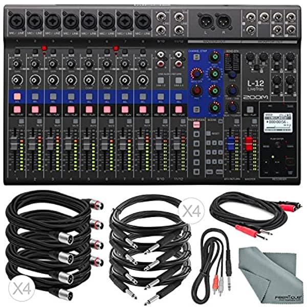 Photo Savings Zoom LiveTrak Mixer Digital y Grabador Multipista de 12 Canales Basic Bundle con 10 Cables y Gamuza Fibertique