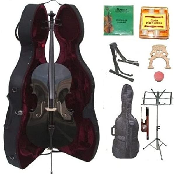 Merano 4 4 Tamaño Colo Duro De Violonchelo Negro+Fondos De Transporte Suave+Arco+Rosina+Juego Adicional De Cuerdas+Puente Adicional+Tubería De Tono+Soporte De Violonchelo Negro+Soporte De Música GC10BK-HD-SPB2S