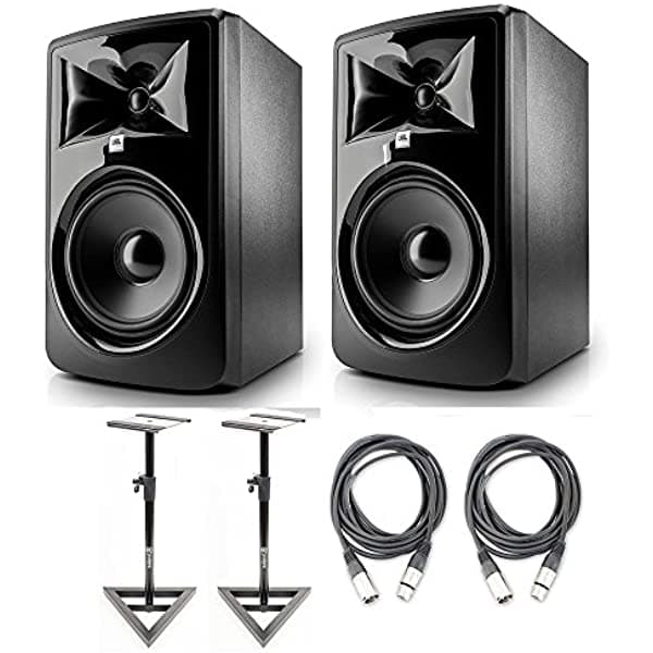 JBL 308P MkII Potenciado de 8 pulgadas Par de Parlantes Monitor de Estudio con Cables de Audio Axcessables y Soportes para Monitor de Estudio