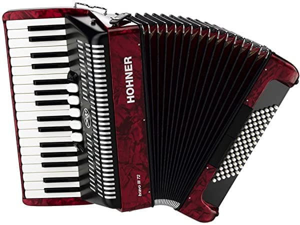 Hohner Bravo BR72R Acordeón Piano 72 Bajos Rojo, ideal para músicos profesionales y principiantes, excelente sonido y calidad.