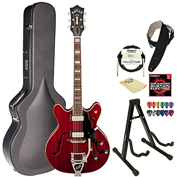 Guild Starfire V GVT CHR Guitarra Eléctrica Semi-Hollow Cherry Red con Estuche Rígido Chromacast, Cuerdas Eléctricas, Cortacables, Púas, Stand y Pulidor Starfire V w/ GVT CHR