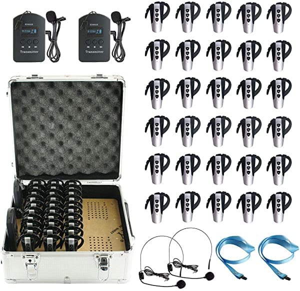 Exmax EXD-6824 2.4G Sistema de Guía Turística de Audio Manos Libres 9999 ID de Canal Intérprete Simultáneo Travel 2 Transmisores 30 Receptores y Estuche de Carga de 32 Ranuras