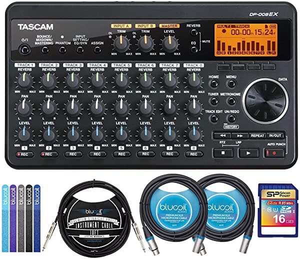 Tascam Dp-008Ex Pocketstudio Multi-Track Audio Digital Audio Grabador Bundle 16Gb Sdhc Tarjeta De Memoria Blucoil 10 'Cable De Instrumento Recto 1 4 Packing De 2 Pies De 10 Pies Cables Xlr Y 5X Cable Ties