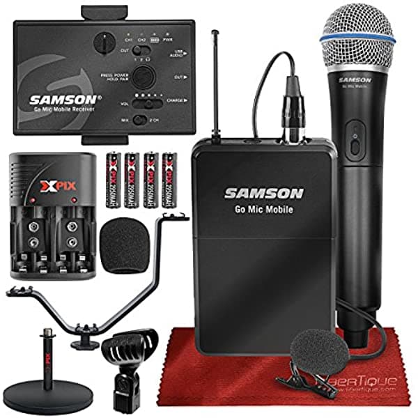 Samson Go Mic Mobile Sistema inalámbrico digital profesional con micrófono dinámico Q8, transmisor de micrófono, transmisor con micrófono Lavalier LM8, soporte de micrófono y bundle Deluxe