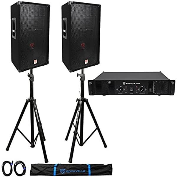 Pack (2) Rockville RSG-12 Parlante PA de 12" 3 vías totalizando 2000 W + Rockville RPA8 Amplificador de potencia DJ de 3000 W 2 canales + Par de Rockville RVSS2-TSNL4 Soportes de parlante PA ajustables de servicio pesado + (2) Cables 1/4" a Speakon NL-4 + Estuche de transporte (2) RSG12+RPA8+RVSS2-TSNL4