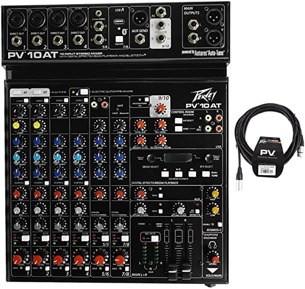Peavey PV 10AT - Mezcladora PV10AT con 4 Entradas de Micrófono, Bluetooth, USB, Compresor/Efectos + 2 Canales con AutoTune + Cable de Micrófono XLR Hembra a Macho de Baja Impedancia Peavey de 20 pies PV 10AT+PV 20 FOOT LOW Z MIC CABLE