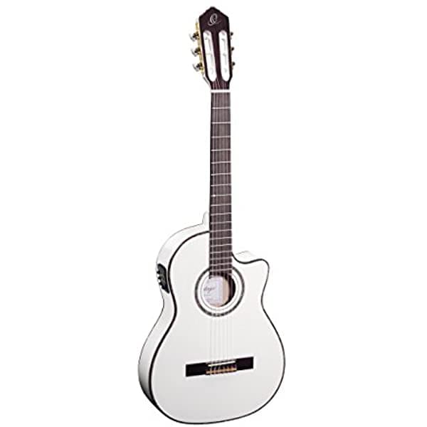 Ortega RCE145WH Guitarra clásica electroacústica de nylon de 6 cuerdas, Family Series Pro, tapa maciza Solidline, con funda, color rojo