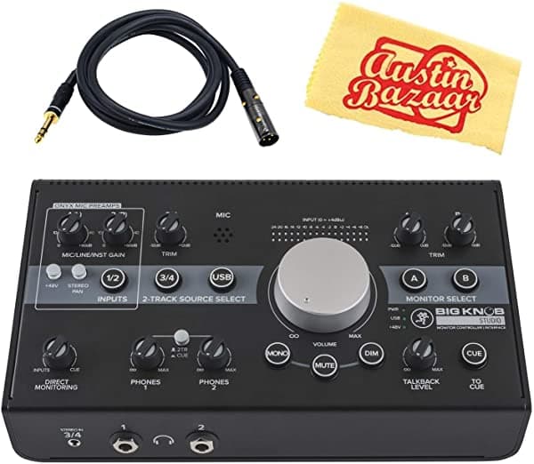 Mackie Big Knob Studio 3x2 Controlador de monitores de estudio, bundle con placa, cable XLR a 1/4" y paño de pulido Austin Bazaar BIGKNOBSTUDIO-COMBO-STD