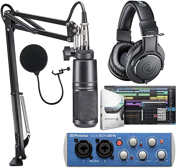Audio-Technica AT2020PK Micrófono de estudio, ATH-M20X, brazo boom y cable XLR, pack de streaming y podcasting, con PreSonus AudioBox USB 96 Placa de audio