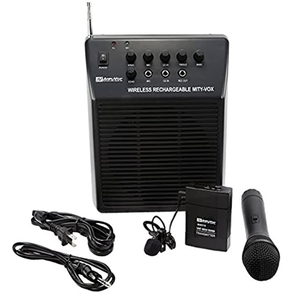Amplivox SW212 Mity-Vox Sistema Portátil de Amplificación Pública Inalámbrico Recargable con AC/DC, Incluye Micrófonos de Mano y Solapa Inalámbricos, Estuche Protector, Para Hasta 150 Personas, 8 Libras