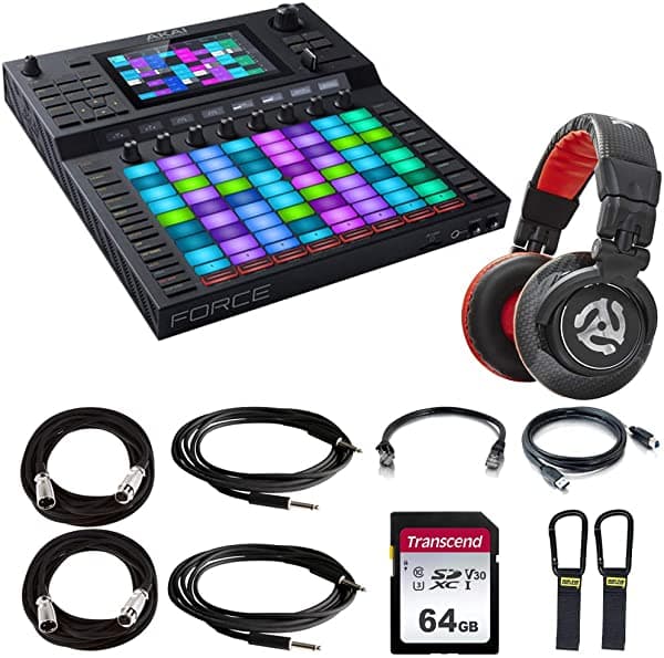 Akai Professional Force Sistema Independiente de Producción Musical y Performance DJ + Auriculares DJ Red Wave Carbon + Tarjeta de Memoria SD U3 de 64GB + Cables de Micrófono XLR, Ethernet e Instrumento + Organizador de Cables